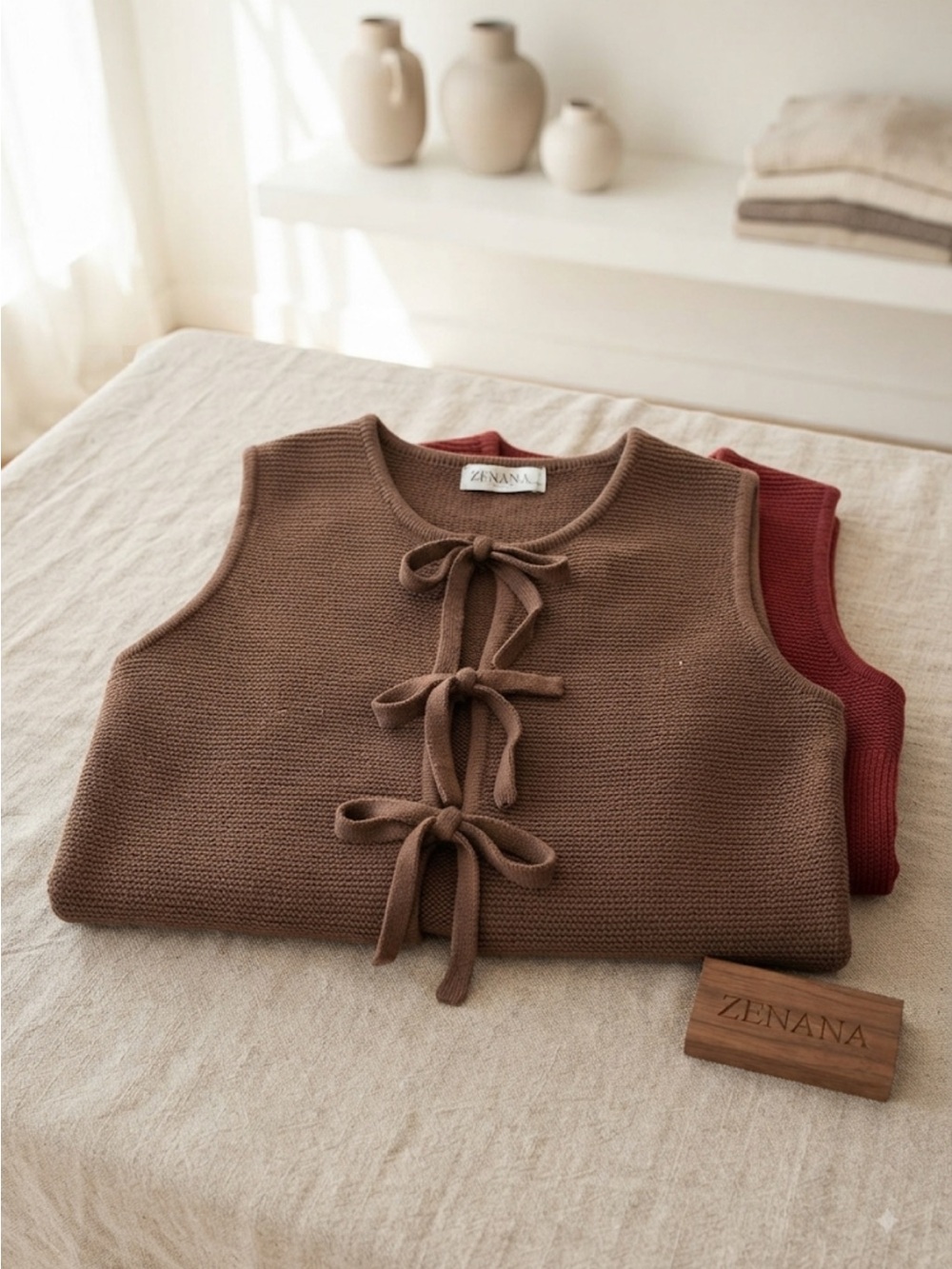 Brown Tie-Front Knit Vest Sweater - Women
